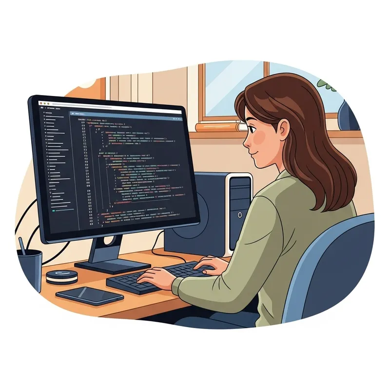 Cartoon of a Woman Coding in SQL