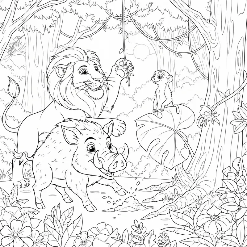 Monochrome Lion, Boar, and Meerkat Playful Jungle Coloring Image
