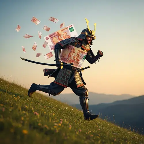 Middle-Eastern Samurai with Russian Ruble Symbols Running on Hillside