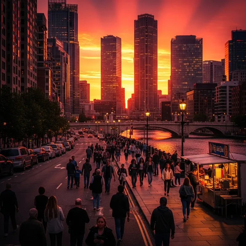 Vibrant Dusk Cityscape with River Views