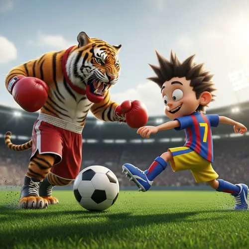 Ferocious Tiger Boxing Football Match vs Mischievous Cartoon Boy