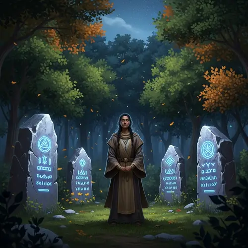 South Asian Druid in Enchanted Forest with Magical Stones