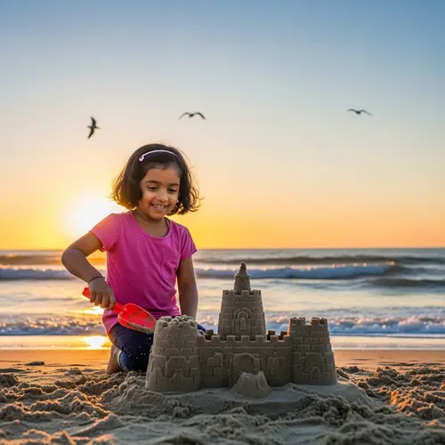Young Girl Building Sandcastle on Beach at Sunset