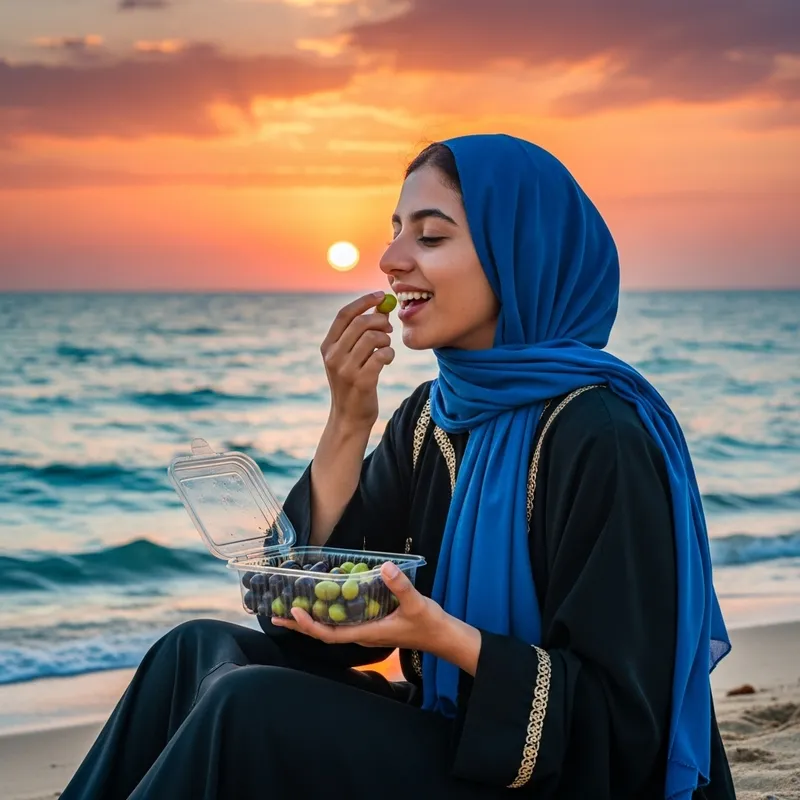 Girl Eating Olives by the Sea