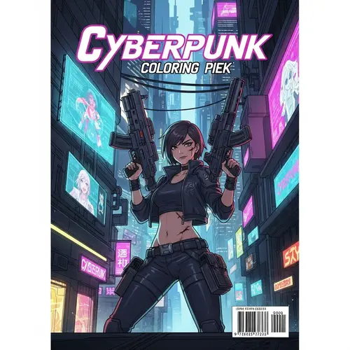 Anime Coloring Book: Futuristic Cyberpunk Cityscape with Badass Girl