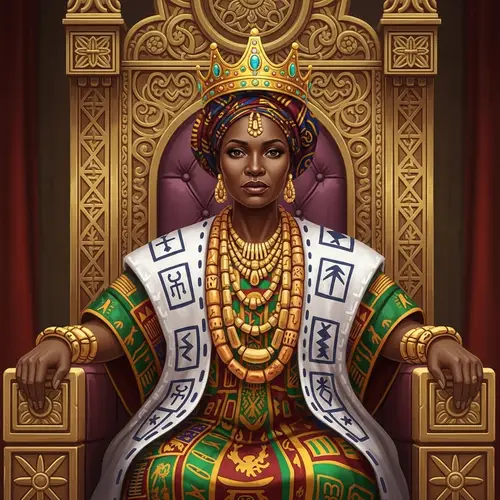 Regal African Queen in Vibrant Royal Attire | Throne Portrait