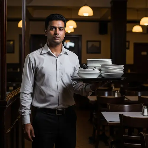Weary South Asian Waiter in Dimly Lit Restaurant - Exhausted Server