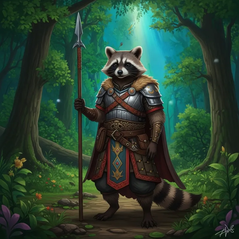 Raccoon Warrior in Medieval Attire Amid Lush Forest | Enchanting Solitude