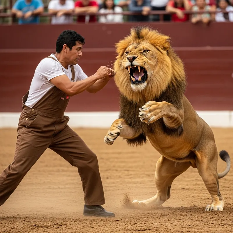Hispanic Worker Takes Down Lion: Brave Showdown in Dusty Arena Hispanic Worker Takes Down Lion: Brave Showdown in Dusty Arena