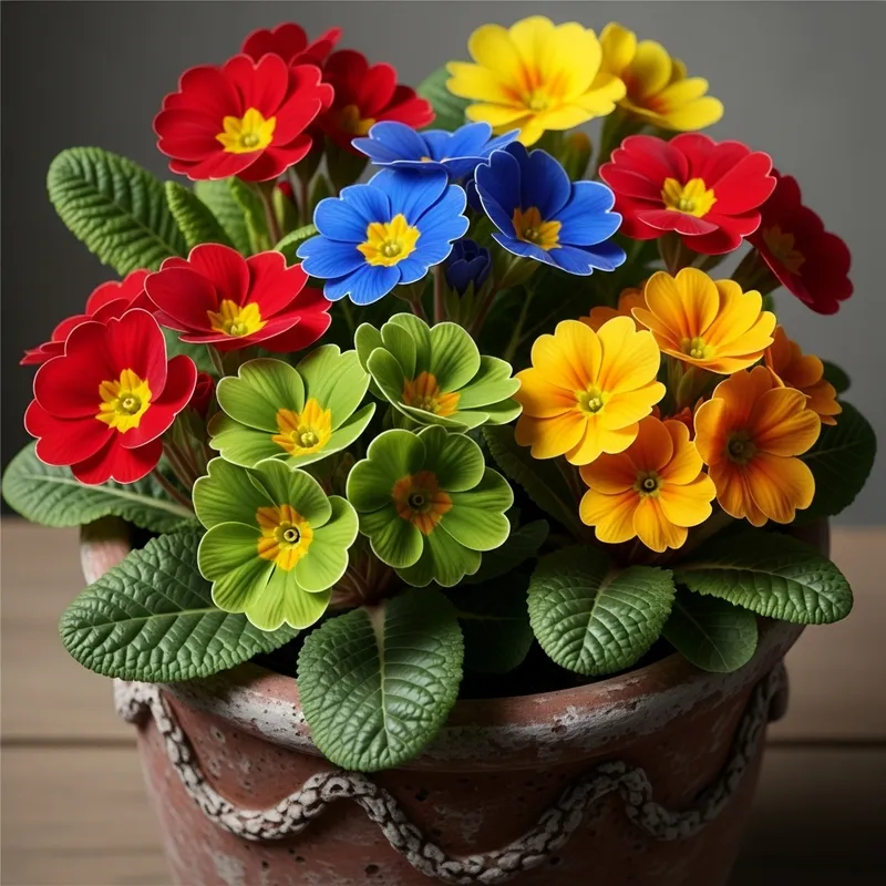 Realistic Primrose Varieties in Rustic Pot - Vibrant Blooms