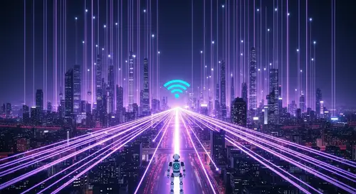 Futuristic Wifi Technology in Glowing Cityscape - High-Speed Data Transfer