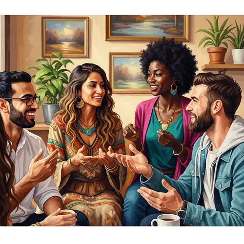 Impressionist Painting of Diverse Group of Friends Engaged in Conversation