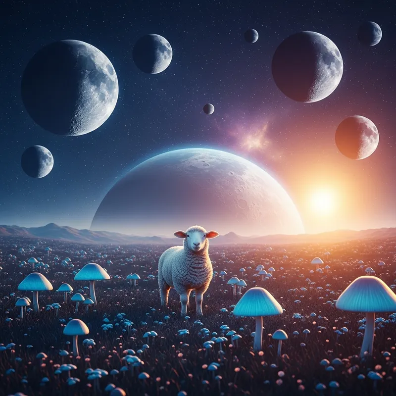 Adorable Sheep on Strange Planet with Magical Mushrooms Adorable Sheep on Strange Planet with Magical Mushrooms