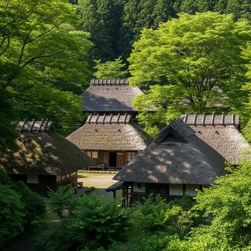 Serene Village with Thatched-Roof Houses Surrounded by Lush Green Trees