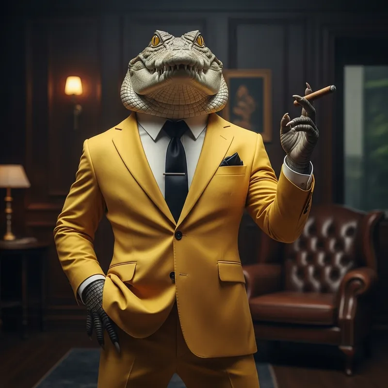 Elegant Yellow Crocodile in Stylish Black Suit