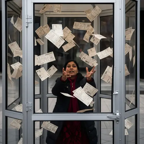 South Asian Woman Catching Swirling Coupons in Transparent Booth