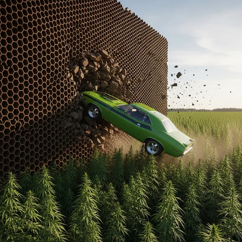 Green Car Emerges from Brown Honeycomb Wall Green Car Emerges from Brown Honeycomb Wall