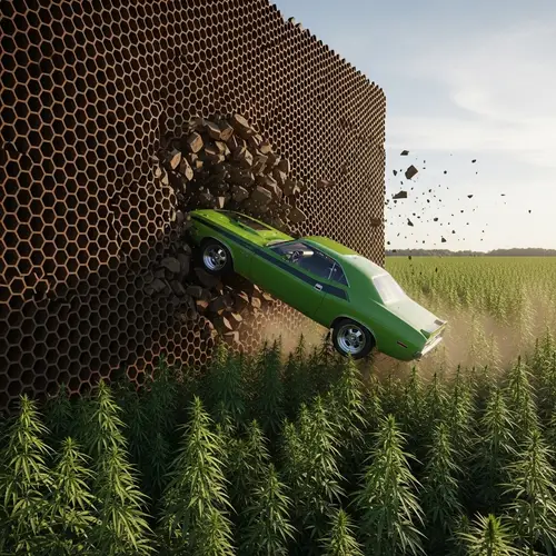 Green Car Bursting Out of Brown Honeycomb Patterned Wall