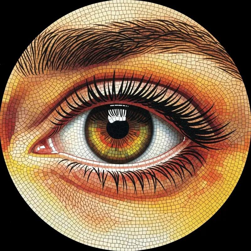 Realistic Eye Mosaic Art with Warm and Cool Colors - Detailed Description