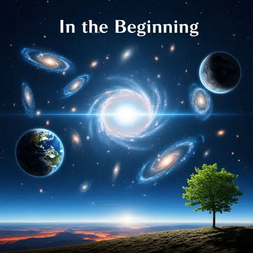 Cosmic Birth: Serene Visual Interpretation of 'In the Beginning'