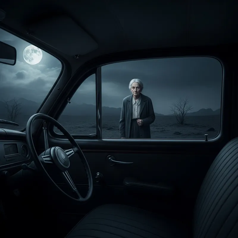 Eerie Haunted Scene: Old Spooky Lady at Vintage Car Eerie Haunted Scene: Old Spooky Lady at Vintage Car