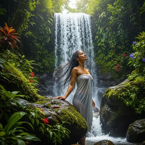 Tranquil Waterfall Shower Amidst Lush Forest | South Asian Woman