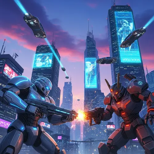 Robots Battling in a Futuristic Cyberpunk City