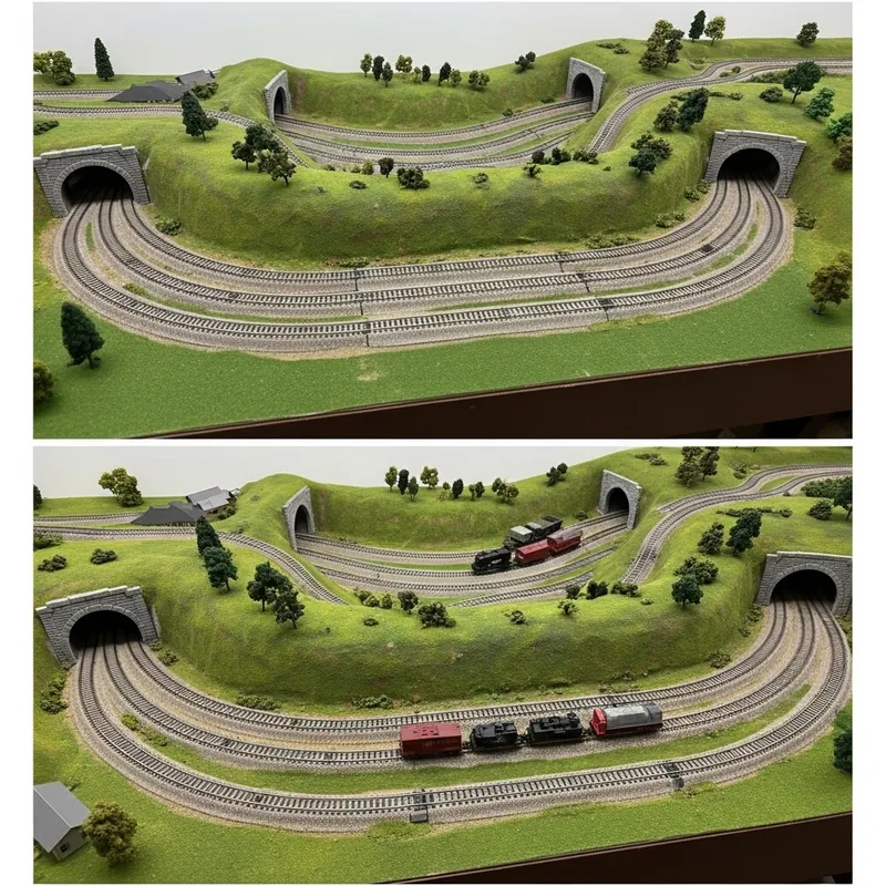 Creative N Scale Model Train Layouts with Tunnel and Hills | Top View