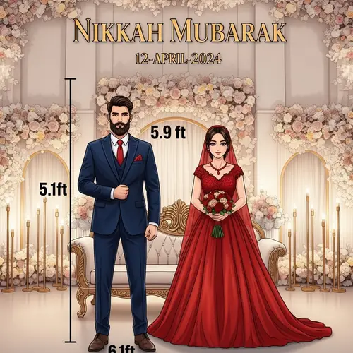 Nikkah Mubarak Wedding: Groom 6.1ft in Blue Suit, Bride 5.9ft in Red Dress