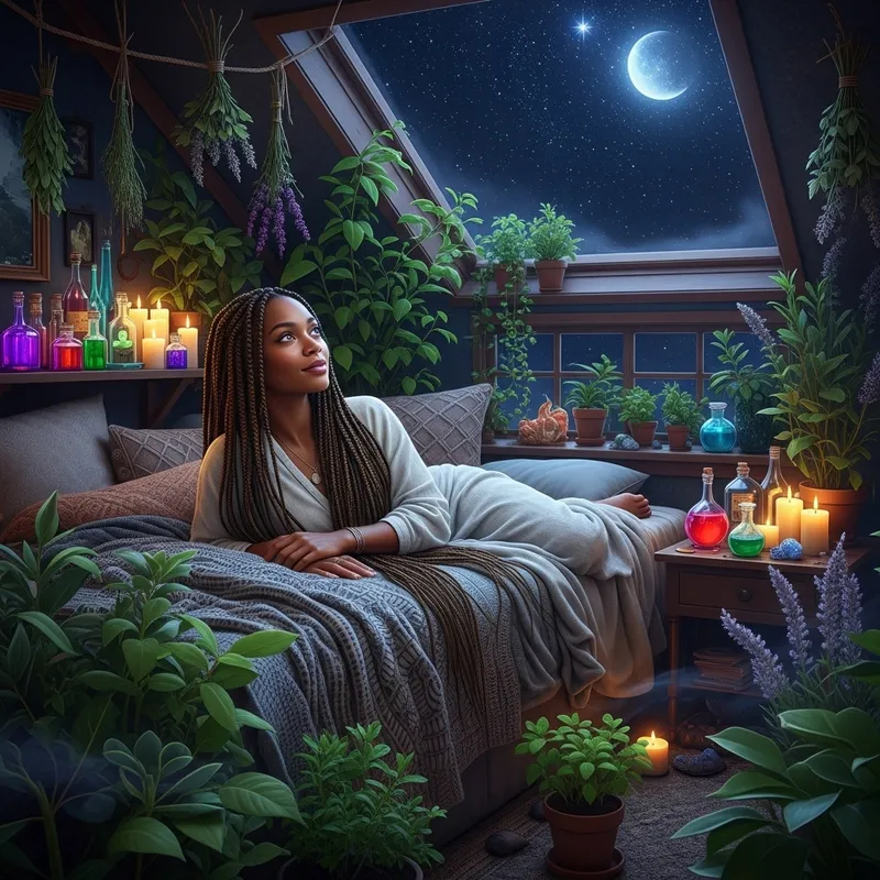 Serene African American Woman Surrounded by Plants and Herbs