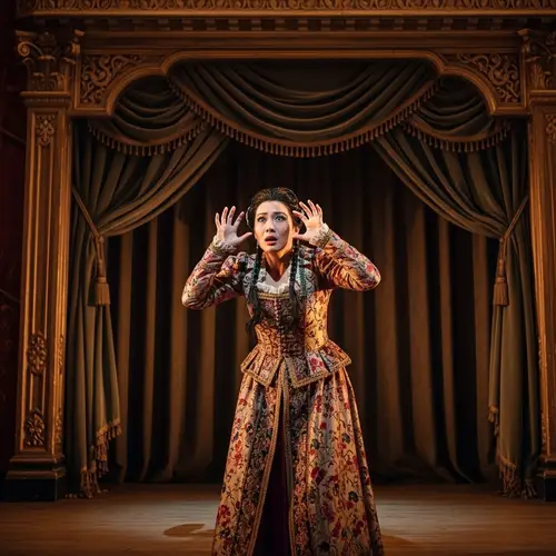 Dramatic Asian Female Actor Expressing Fear on Vintage Stage