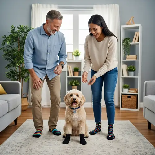 Colorful Socks: Man, Woman, Dog in Cozy Room