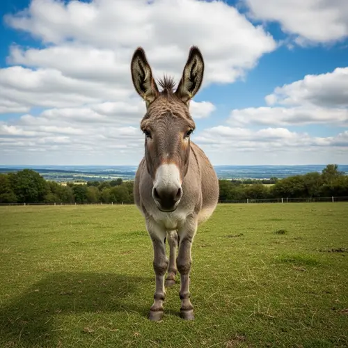 Tranquil Donkey in Green Field | Rural Landscape View