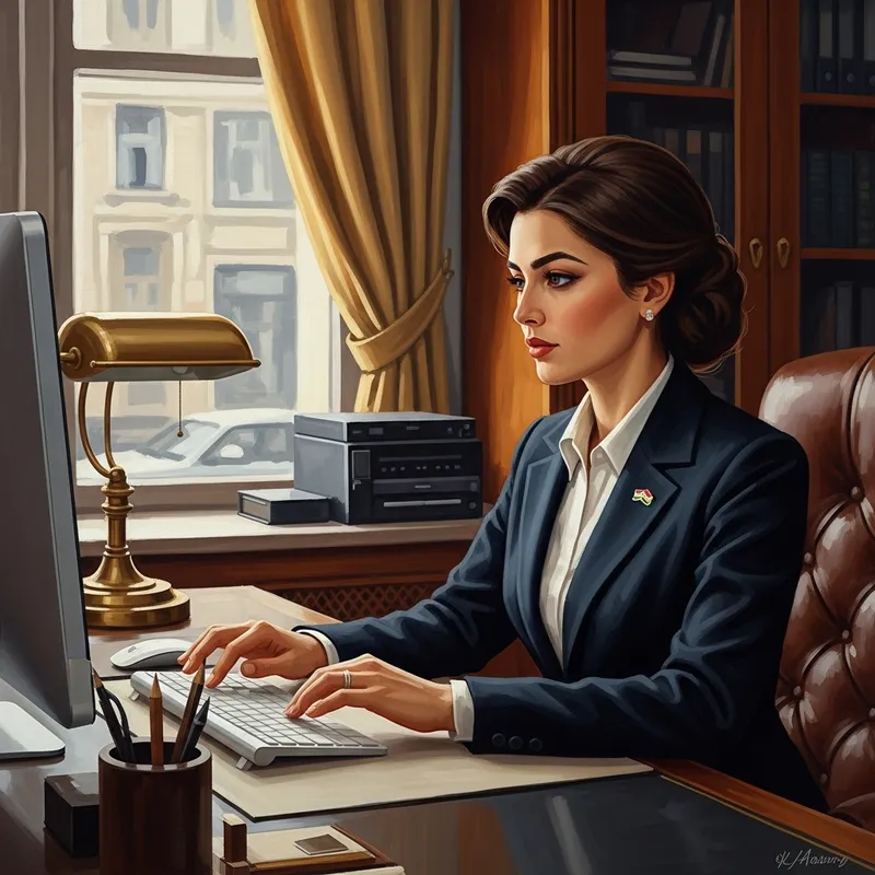 Tajik Girl in Office Suit Working on Computer - Oil Painting