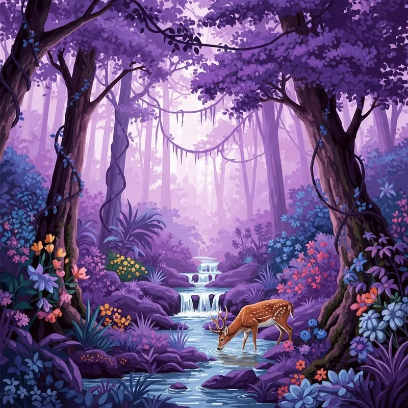 Enchanting Purple Forest Painting with Deer and Waterfalls Enchanting Purple Forest Painting with Deer and Waterfalls