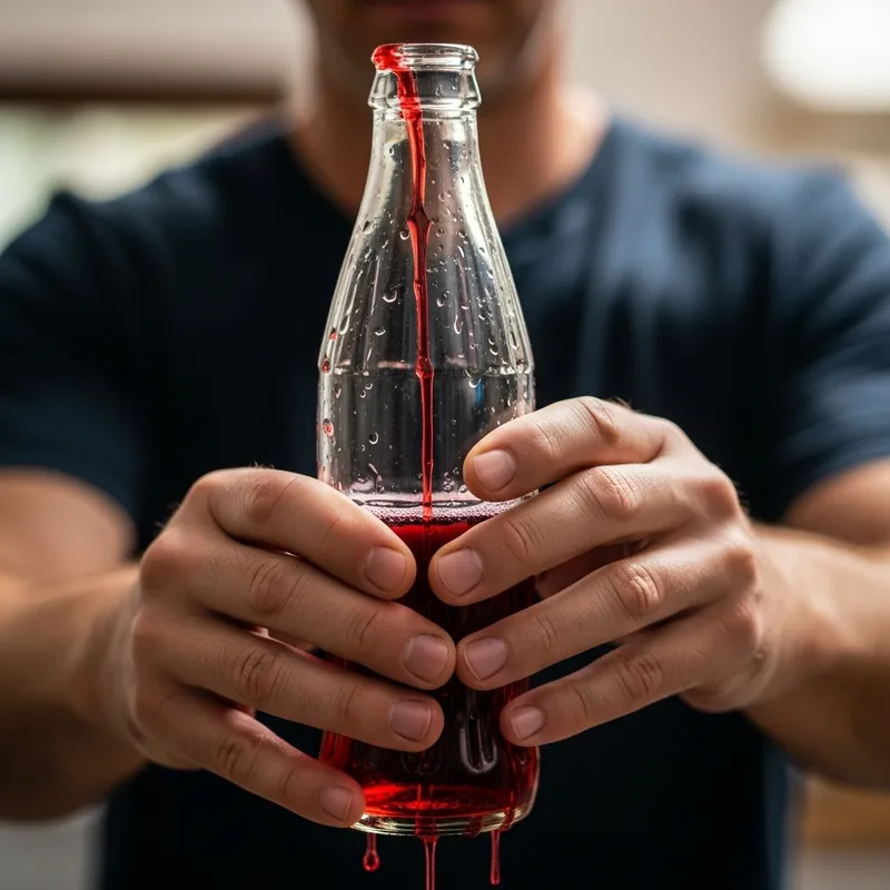Man Holding Soda Bottle With Red Dripping Liquid