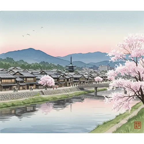 Serene Watercolor Painting of Kyoto Cityscape | Japanese Aesthetic