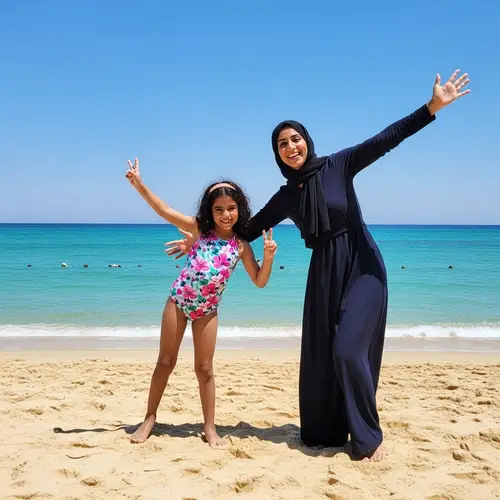 Middle-Eastern Mother & Daughter Matching Swimsuits | Sandy Beach Joy