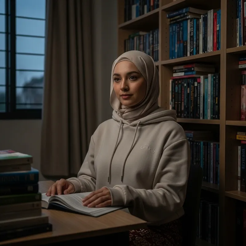 Beautiful Malay Woman in Hijab and Hoodie in Study Room