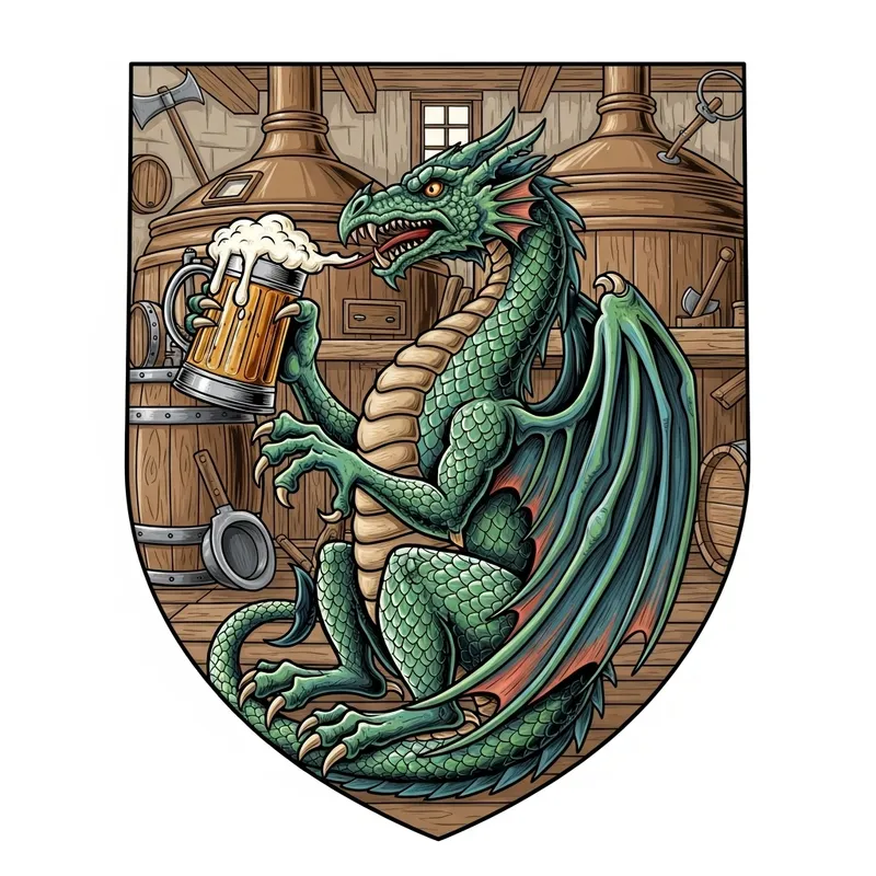 Dragon Brewery Coat of Arms with a Beer-Drinking Dragon Dragon Brewery Coat of Arms with a Beer-Drinking Dragon