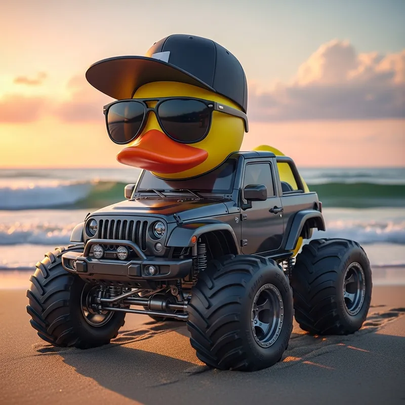 Unique Rubber Duck with Monster Truck Tires on Beach