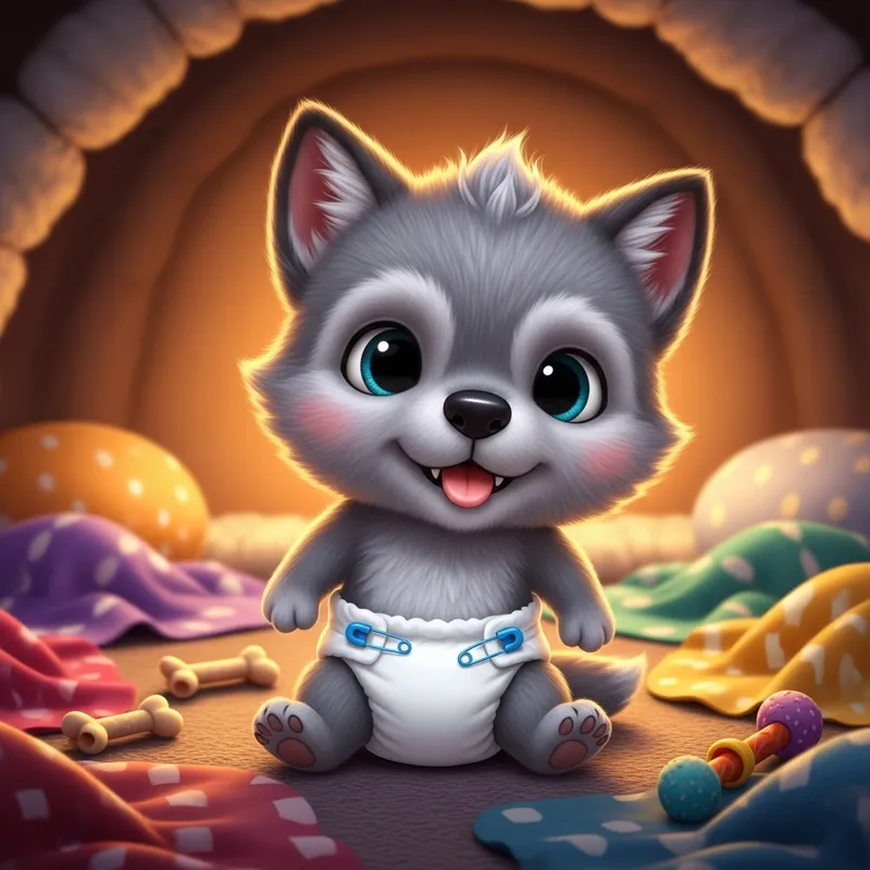 Cute Newborn Wolf Pup in a Cozy Diaper - Cartoon Image