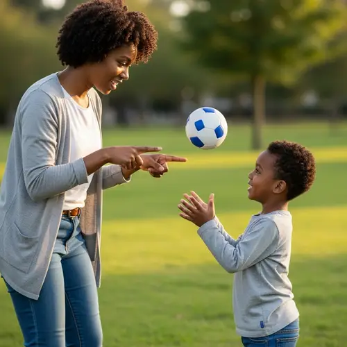 Young Black Mother Teaches Son to Catch a Ball