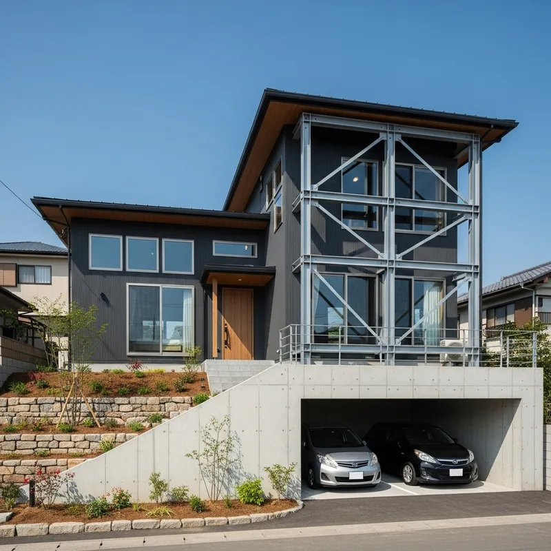 Earthquake-Resistant House on 8x20 Meter Inclined Lot with 3 Bedrooms and Parking for 2 Cars