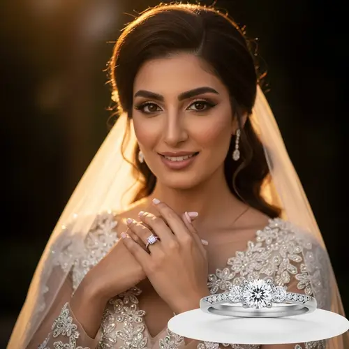 Majestic Three-Stone Engagement Ring on Enchanting Middle-Eastern Bride