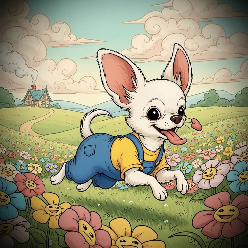Adorable White Chihuahua in Yellow T-Shirt and Overalls Running in Floral Disney-Like Wonderland
