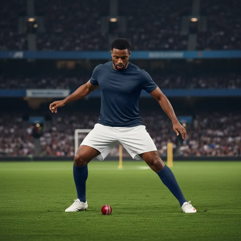 Athletic Soccer Player Skillfully Playing Cricket Ball on Football Pitch