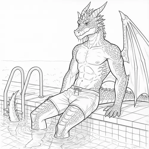 Dragon Demi-Human Poolside - Pencil Drawing Art