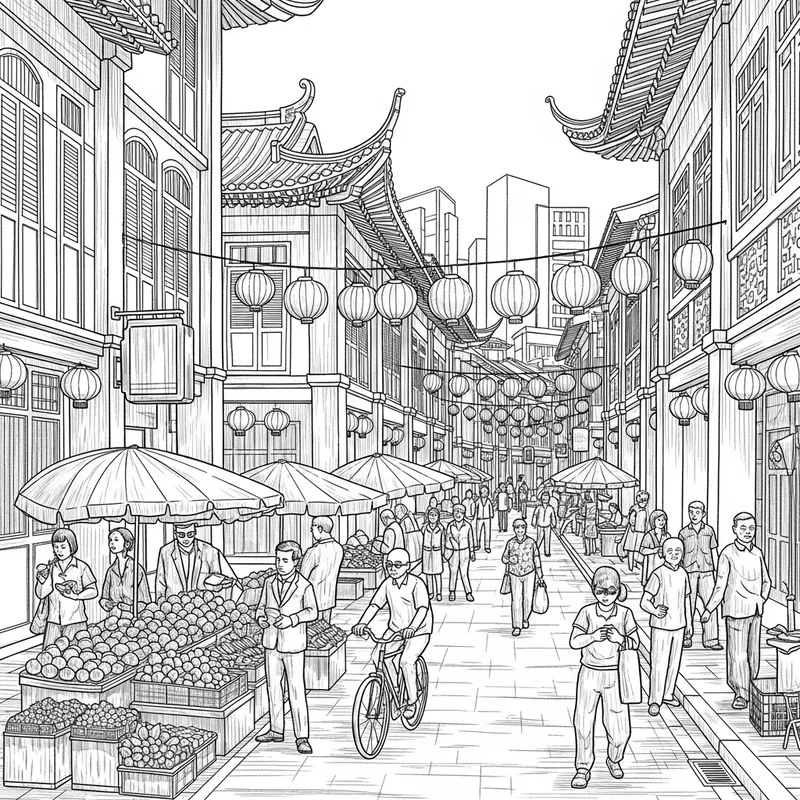 Chinatown Street Scene in Singapore: Ink Sketch Art Chinatown Street Scene in Singapore: Ink Sketch Art