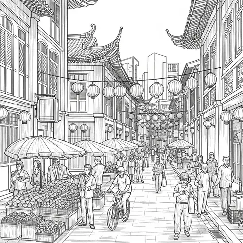 Chinatown Street Scene in Singapore: Ink Sketch Art